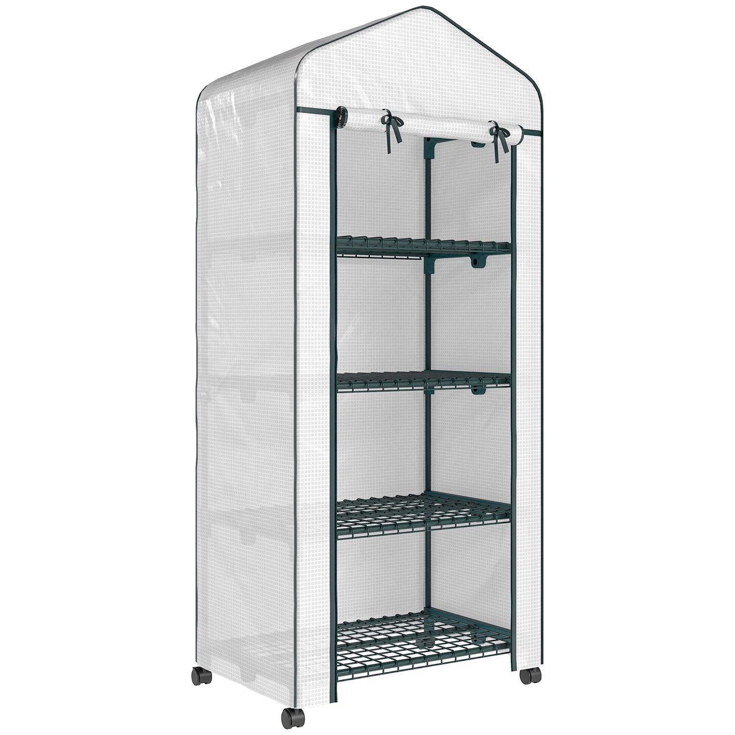 Mini Portable Greenhouse | 4 Shelves | Transparent PE Cover | Double-Zip Door | Lockable Rolling Wheels | 10kg Per Shelf | Balcony & Patio | 69 x 50 x 165cm | White