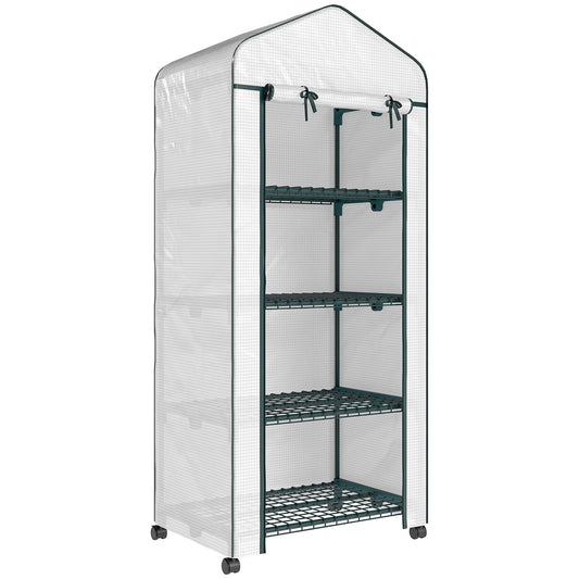 Mini Portable Greenhouse | 4 Shelves | Transparent PE Cover | Double-Zip Door | Lockable Rolling Wheels | 10kg Per Shelf | Balcony & Patio | 69 x 50 x 165cm | White