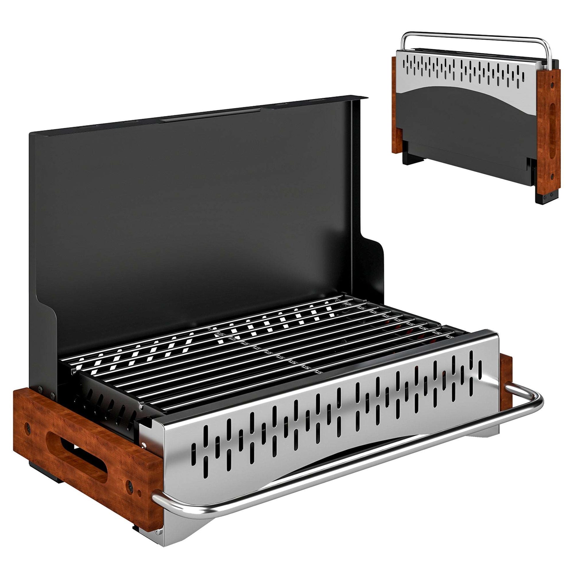 Outsunny Portable Folding Charcoal BBQ Grill – Briefcase Design, 6.7cm Slim, 0.08m² Chrome Grate, Removable Enamel Basin, For Camping, Picnic & Garden, Black