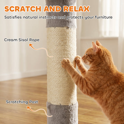 Light Grey Floor-to-Ceiling Cat Tree | Adjustable 230-250 cm Cat Tower with 6 Levels, Scratching Posts, Hammock, Condo & Toy Balls | Up to 5 kg