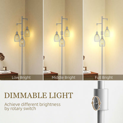 170cm Industrial 3-Light Floor Lamp, Dimmable Standing Lamp with Steel Lampshades for Living Room, Bedroom, Dinging Room, Study, Silver Tone
