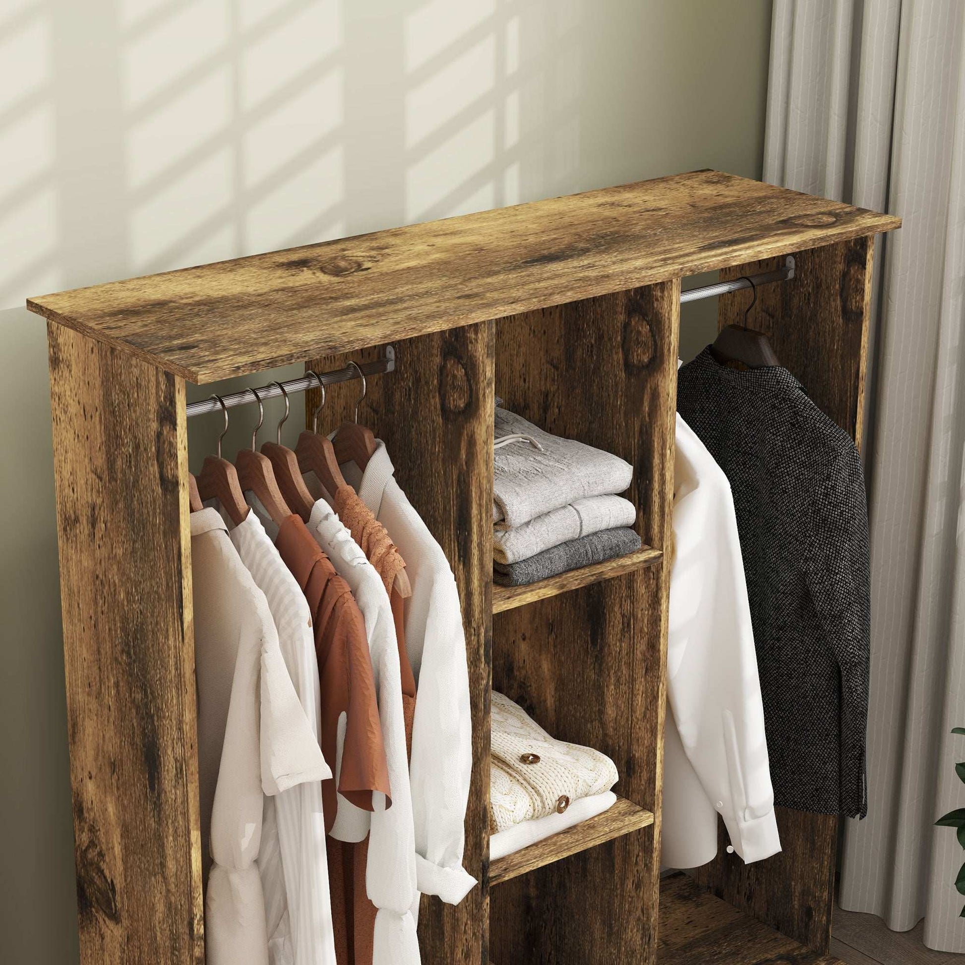 Open Wardrobe Double Mobile Storage Shelves Organiser W/6 Wheels-Rustic Brown