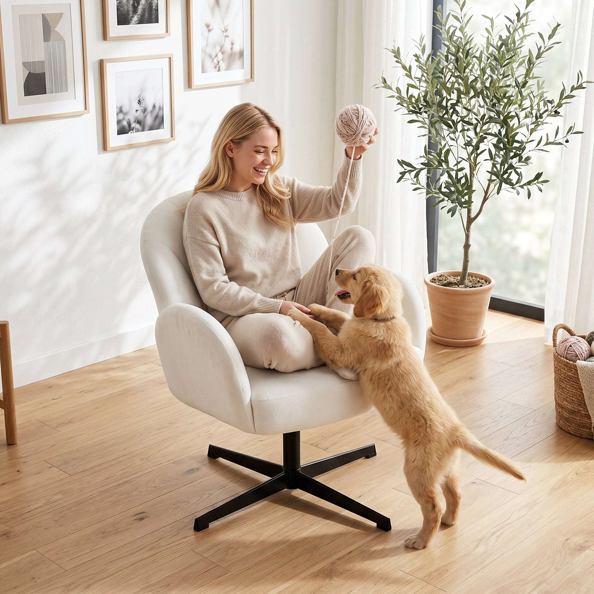 Shell-Shaped Swivel Accent Chair | 360° Swivel | 11cm Spring-Packed Seat | Velvet-Feel Fabric | Metal Base | Plastic Floor Pads | 120kg | 64.5x68x80cm | Cream