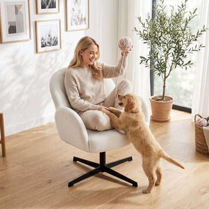 Shell-Shaped Swivel Accent Chair | 360° Swivel | 11cm Spring-Packed Seat | Velvet-Feel Fabric | Metal Base | Plastic Floor Pads | 120kg | 64.5x68x80cm | Cream