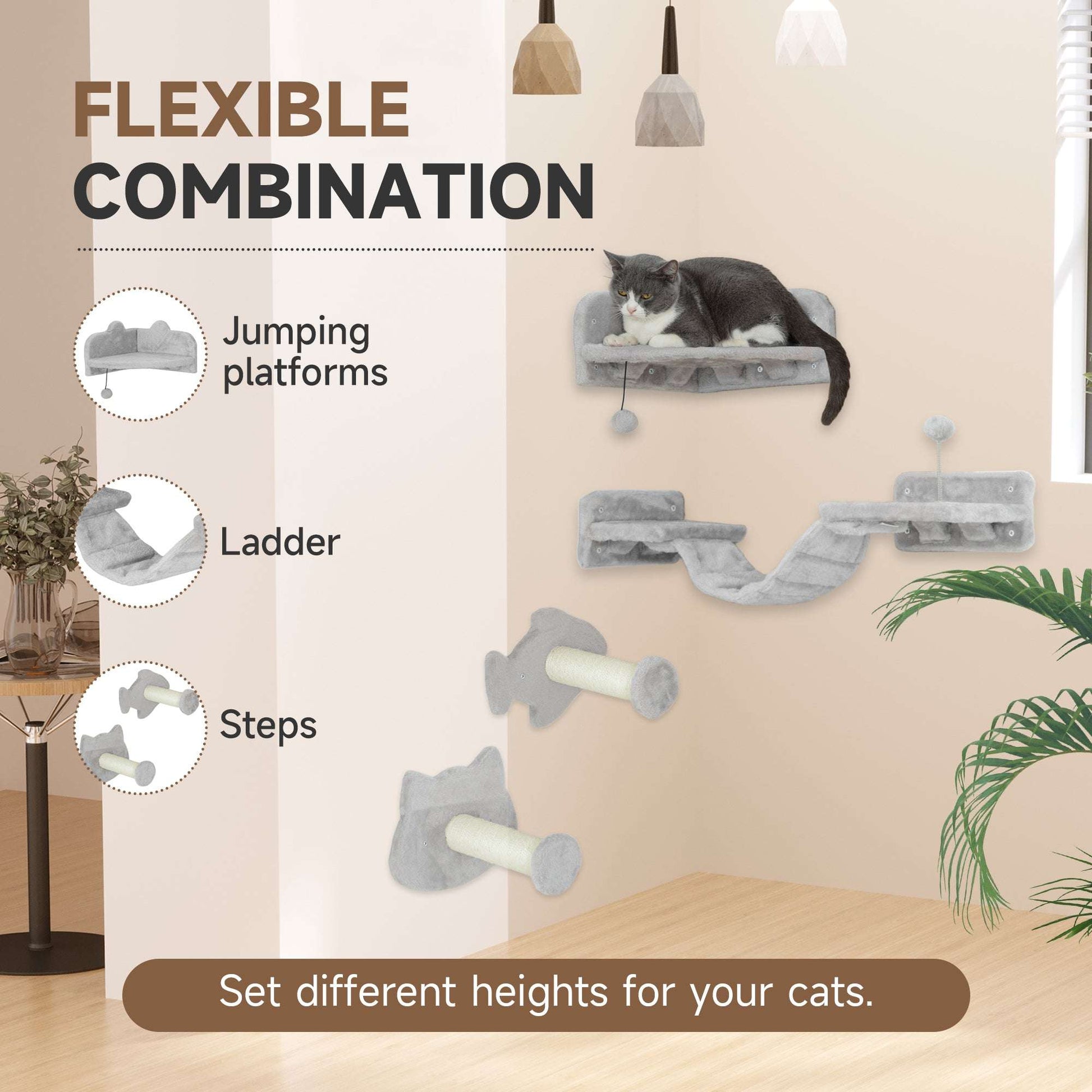 PawHut 4 Piece Cat Wall Shelves W/ Steps, Ladder, Jumping Platforms, Light Grey
