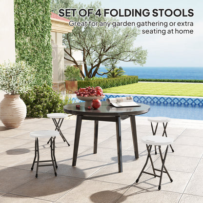 Outsunny Folding Stool Set of 4, Decorative Garden Stool Set with Safety Latch, Foldable Garden Stools with Powder-Coated Steel Legs HDPE Seat and Handle for Indoor and Outdoor, White