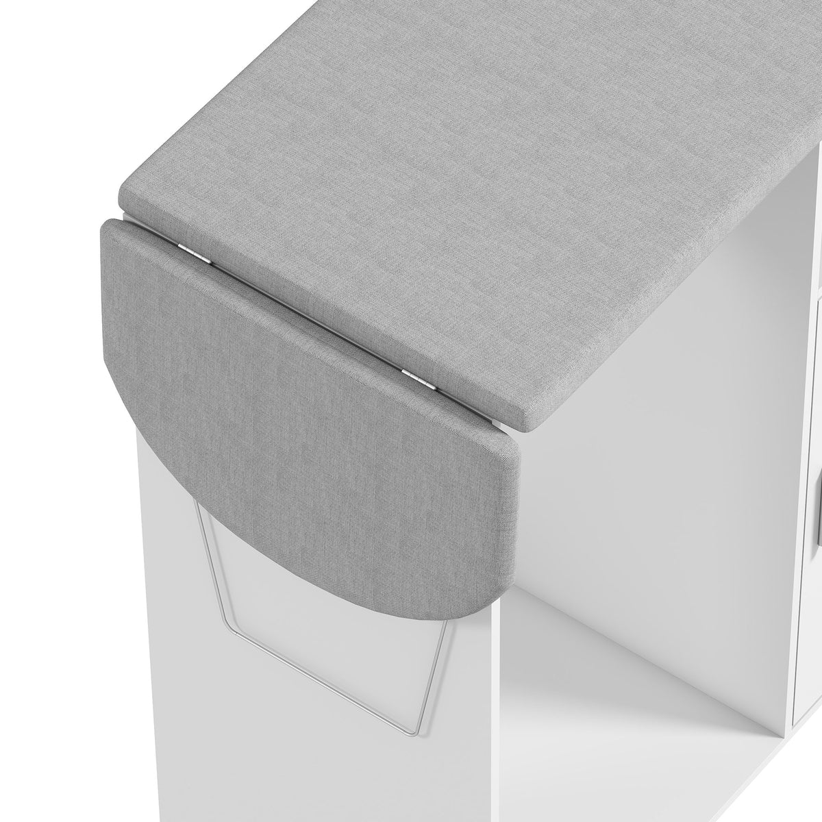 Rolling Ironing Board Cabinet | Folding Top, Clothes Rail & Adjustable Storage Shelf | Iron Holder, 4 Wheels & 2 Brakes | White/Grey