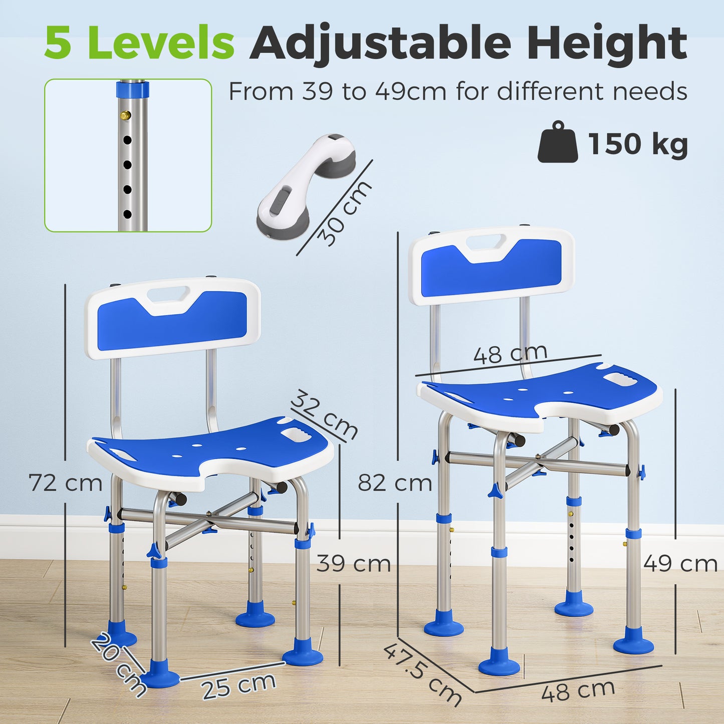 Height Adjustable Shower Chair | U-Shaped Cutout | HDPE Padded Seat | Drainage Holes | Shower Head Holder | Non-Slip Suction Feet | 150kg X-Frame | MDR-CE & FDA Certified | 39-49cm | Blue