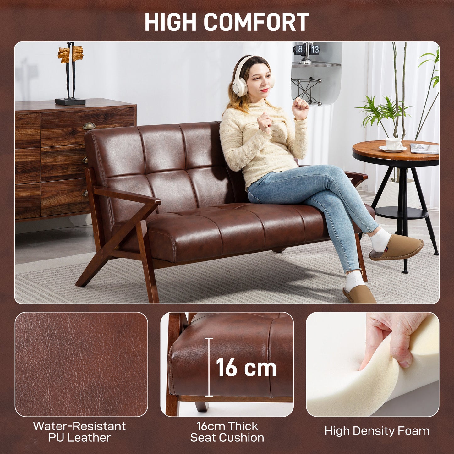 Retro Compact 2 Seater Sofa, Vintage Tufted Loveseat Sofa with Solid Wood Legs, PU Leather Small Couch Settee for Living Room, Bedroom, Home Office, 133 x 81 x 785 cm, Brown