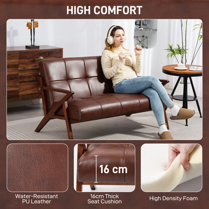 Retro Compact 2 Seater Sofa, Vintage Tufted Loveseat Sofa with Solid Wood Legs, PU Leather Small Couch Settee for Living Room, Bedroom, Home Office, 133 x 81 x 785 cm, Brown