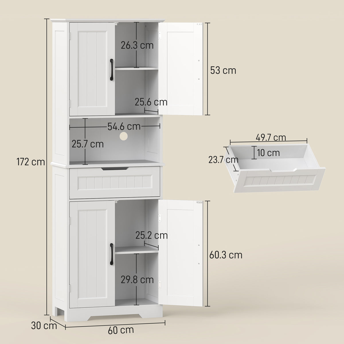 Tall Kitchen Pantry Cupboard | White MDF | 60x30x172cm | 2 Cabinets Adjustable Shelves | Open Counter Cable Hole | Drawer | Anti-Tip | Anti-Slip Feet | 45kg | Freestanding