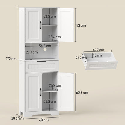 Tall Kitchen Pantry Cupboard | White MDF | 60x30x172cm | 2 Cabinets Adjustable Shelves | Open Counter Cable Hole | Drawer | Anti-Tip | Anti-Slip Feet | 45kg | Freestanding