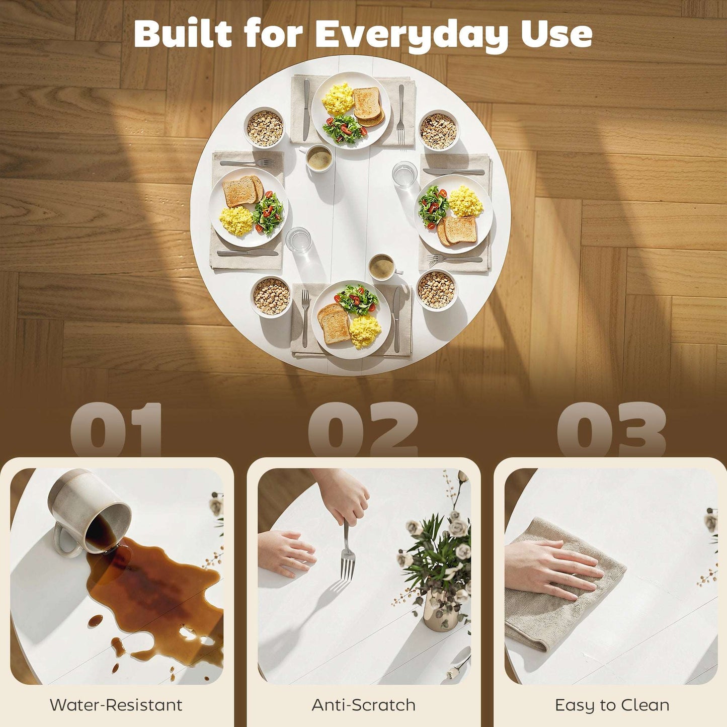 Drop Leaf Folding Dining Table | Round Top | 3 Modes | Folds to 11.5cm | Melamine Waterproof Top | Steel Frame | 30kg | White