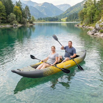 Inflatable Tandem Kayak Set | 2-Person | 381cm | Drop-Stitch Floor | Adjustable Seats | 230kg | Aluminium Oars | Grey & Yellow