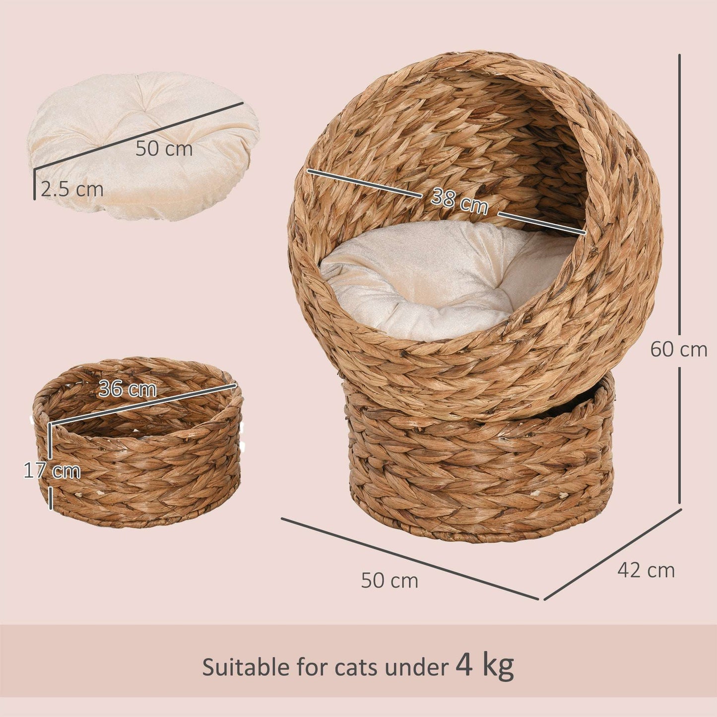 Woven Water Hyacinth Elevated Cat Bed | Wicker Dome Cave | Soft Removable Washable Cushion | Hand-Woven | Metal Wire Frame | Elevated Pod Design | 50x42x60cm | Brown