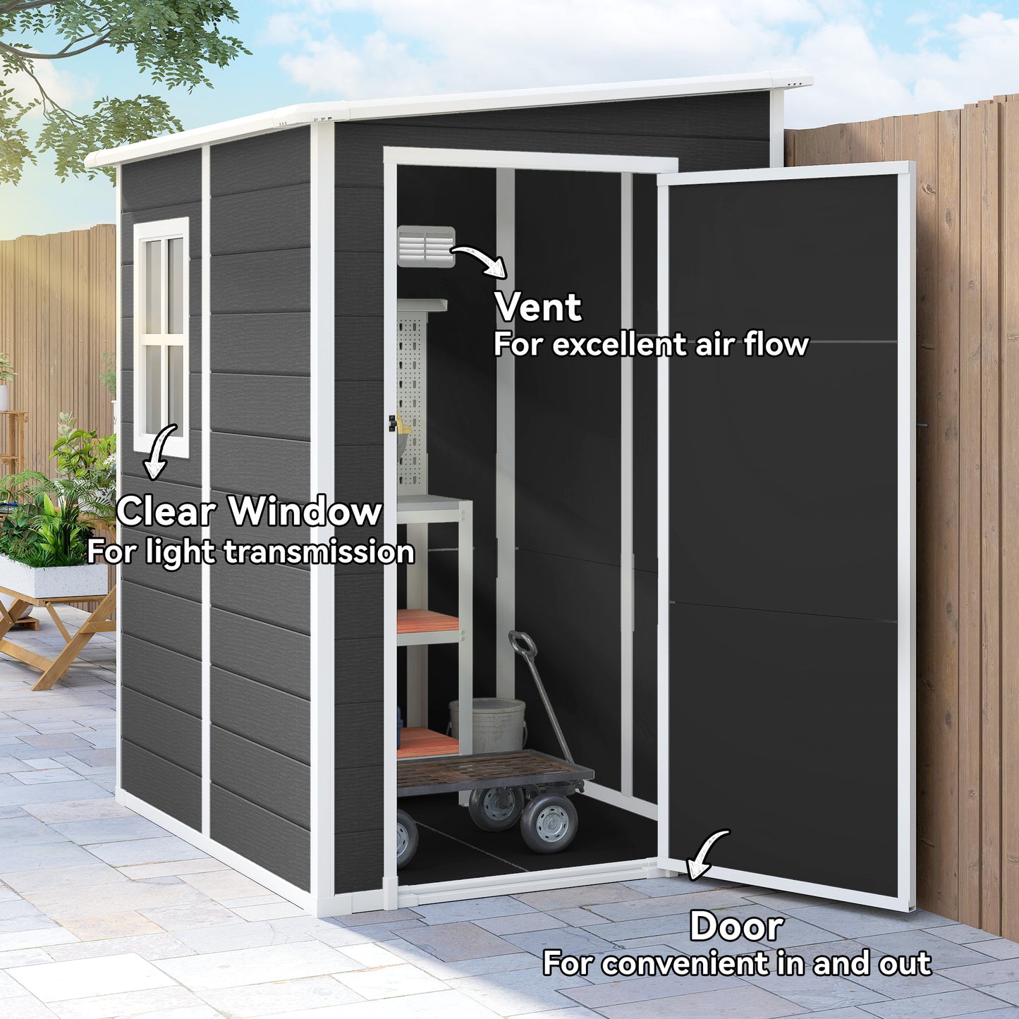Aluminium Alloy & PP Lean-To Garden Storage Shed | Lockable Door | Lock & 3 Keys | Window | Vent | Sloped Roof | 40kg/m² Snow Rating | 122x149x192cm | 1.54m² | Black