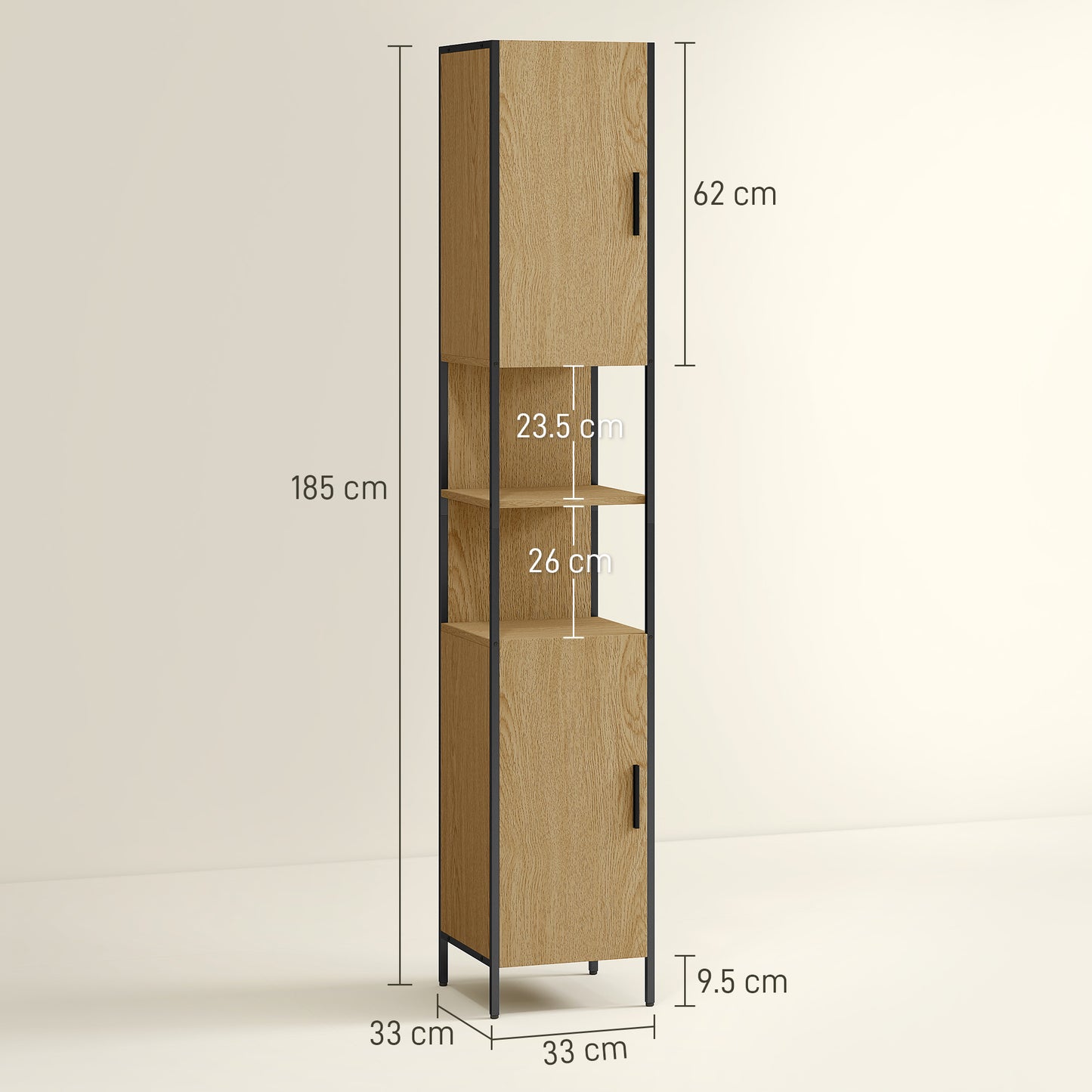 Tall Bathroom Cabinet with 2 Doors, Open Compartments and Adjustable Shelves - Natural Wood Finish