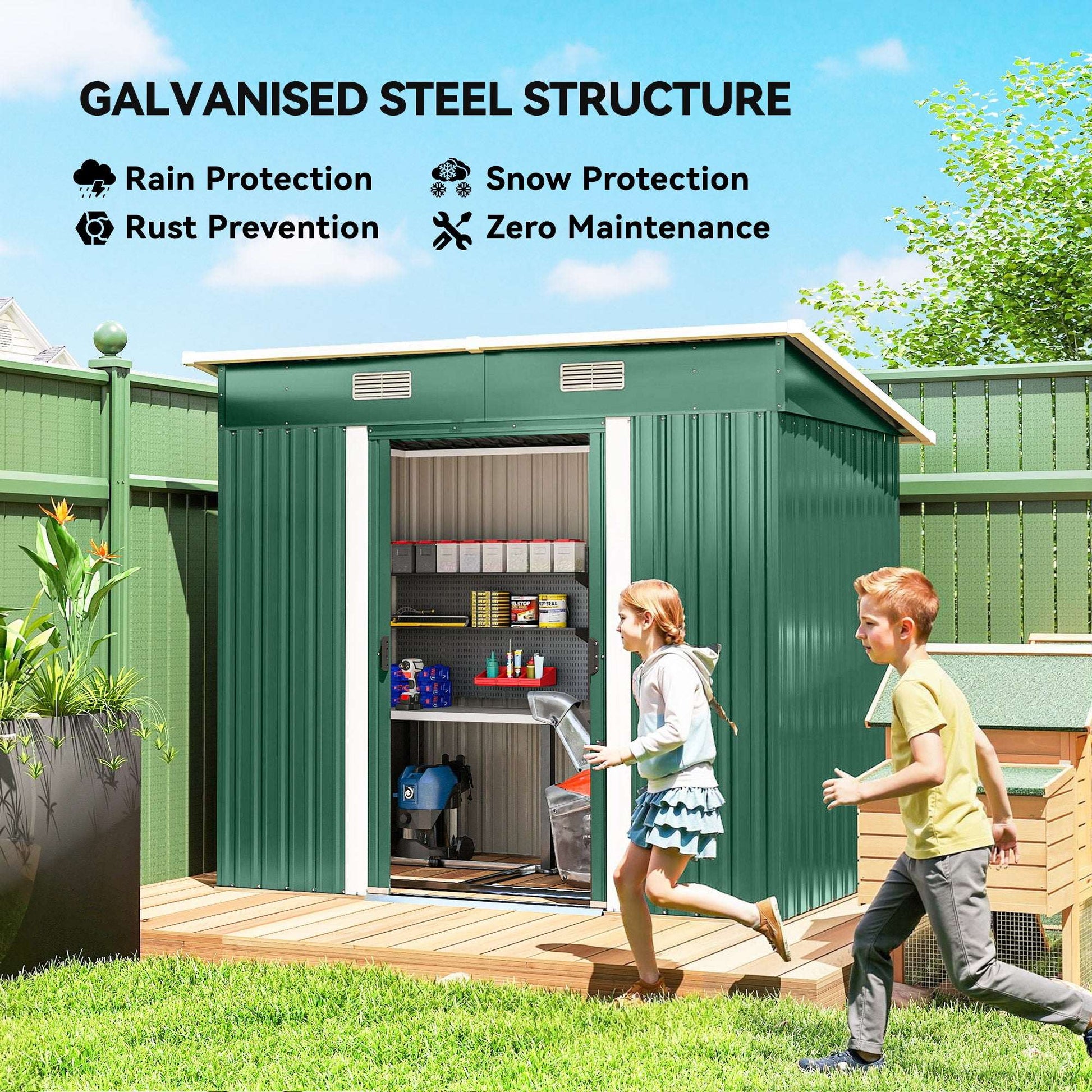 Corrugated Galvanised Steel Garden Storage Shed | Sliding Door | 2 Front Vents | Sloped Roof | Foundation Kit | 203x130x182cm | Bikes Tools Logs & Bins | Green
