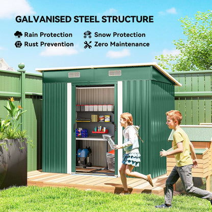 Corrugated Galvanised Steel Garden Storage Shed | Sliding Door | 2 Front Vents | Sloped Roof | Foundation Kit | 203x130x182cm | Bikes Tools Logs & Bins | Green