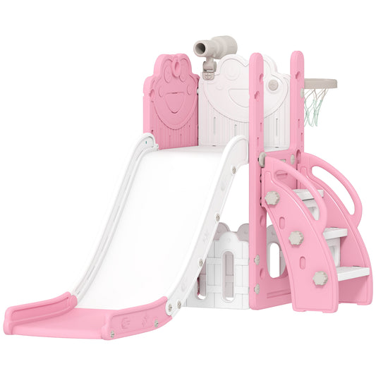 5-in-1 Kids Slide Set with Basketball Hoop, Climbing Frame, Telescope & Storage Box – Anti-Slip Steps, HDPE, Ages 1–3 – Pink
