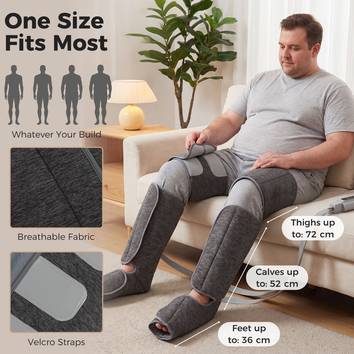 Air Compression Leg Massager with Heat | 6 Airbags | 360° Full-Leg Coverage | 3 Modes | 3 Intensities | Grey