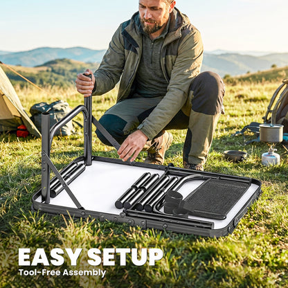 Folding Camping Table 2ft – 4 Adjustable Heights, Mesh Storage Layer, Aluminium Frame, Folds to 40x30x7cm, 30kg Capacity, Tool-Free Setup – Black
