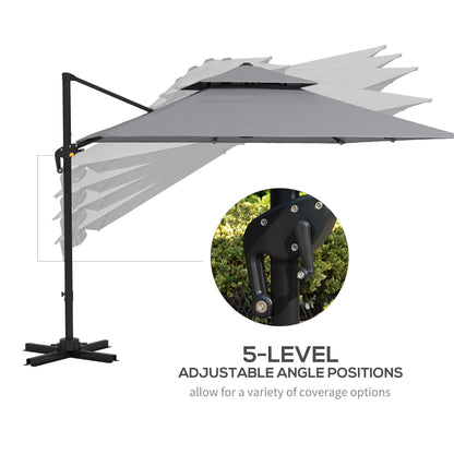 Outsunny 3 x 3(m) Cantilever Parasol with Aluminium Frame, Crank and Tilt, 360° Rotation, Double Top Garden Umbrella with Base and Cover, Light Grey