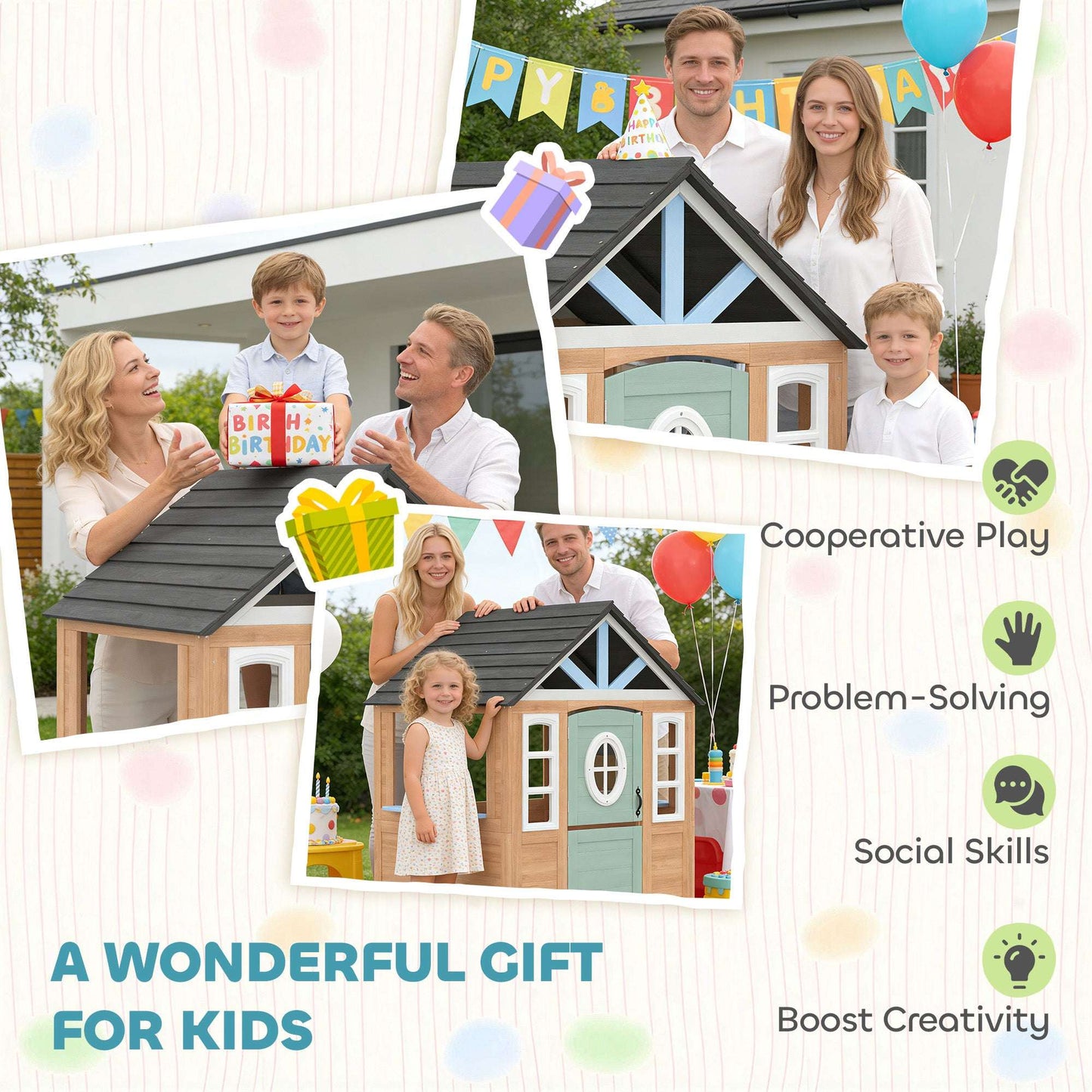 Wooden Wendy House with Play Kitchen & Pet Door | Half Door & Windows | Fir Wood | Low-Odour Paint | Indoor & Outdoor | Ages 2+ | 115.5x97.3x140cm | Natural Wood