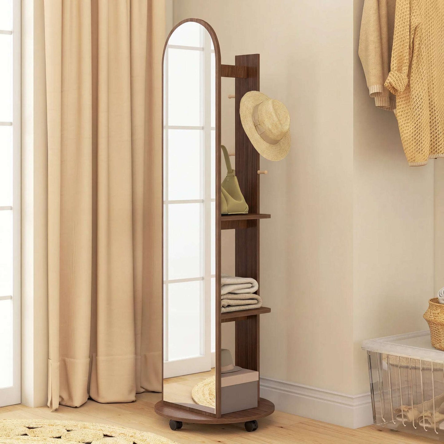 2-in-1 Full-Length Floor Mirror with Hidden Back Storage Shelves | Coat Rack & Hooks | 4 Lockable Wheels | Shatter-Resistant Tempered Glass | 50x50x167cm | Brown Wood Effect