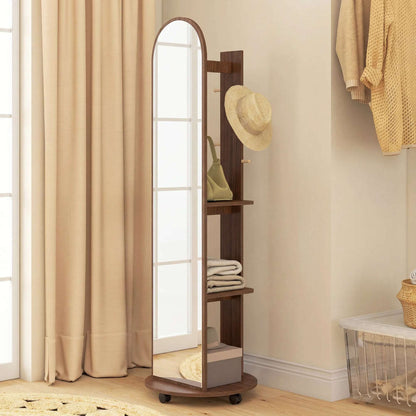 2-in-1 Full-Length Floor Mirror with Hidden Back Storage Shelves | Coat Rack & Hooks | 4 Lockable Wheels | Shatter-Resistant Tempered Glass | 50x50x167cm | Brown Wood Effect