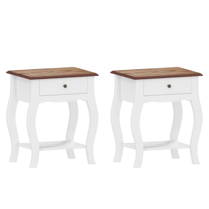 2 Pieces Bedside Tables with Drawer, French Style Bedside Cabinets with Open Shelf for Bedroom, Living Room, White