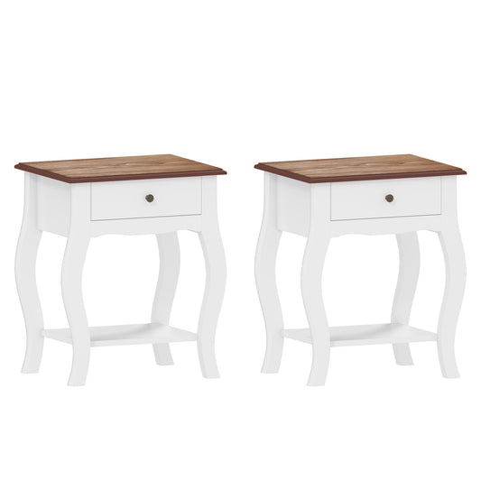 2 Pieces Bedside Tables with Drawer, French Style Bedside Cabinets with Open Shelf for Bedroom, Living Room, White