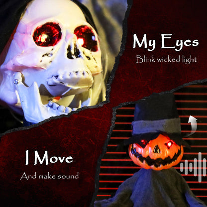 2 Pieces Animated Halloween Skull Bowl, Skeleton Ghost Skull Candy Dish with LED Eyes, Moving Body and Creepy Sound for Party Decoration, Festival Haunted Houses