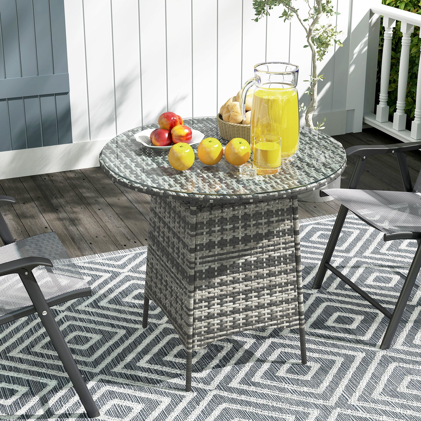Outsunny Wicker Garden Rattan Table, Patio Furniture Outdoor Coffee Table with Umbrella Hole and Tempered Glass Top, Grey / Brown