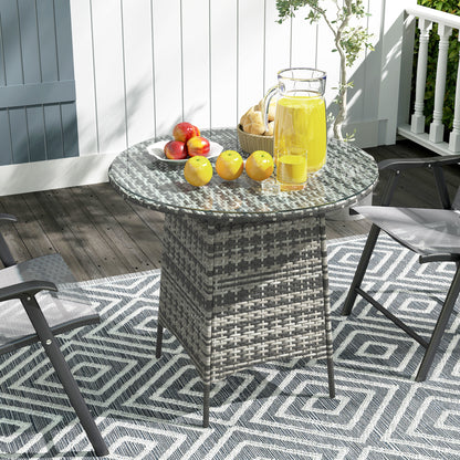 Outsunny Wicker Garden Rattan Table, Patio Furniture Outdoor Coffee Table with Umbrella Hole and Tempered Glass Top, Grey / Brown