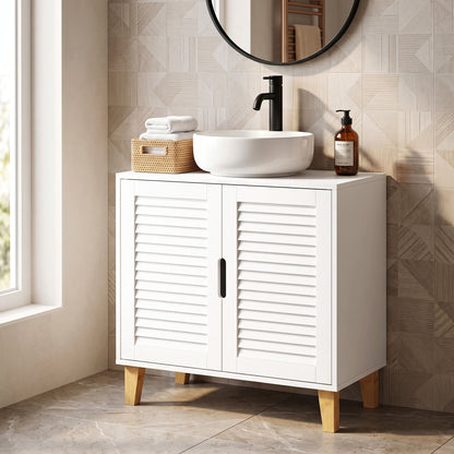Under Sink Bathroom Cabinet | 60W x 30D x 60H cm | 2 Louvre Doors, Adjustable Shelf & Bamboo Legs | White & Natural