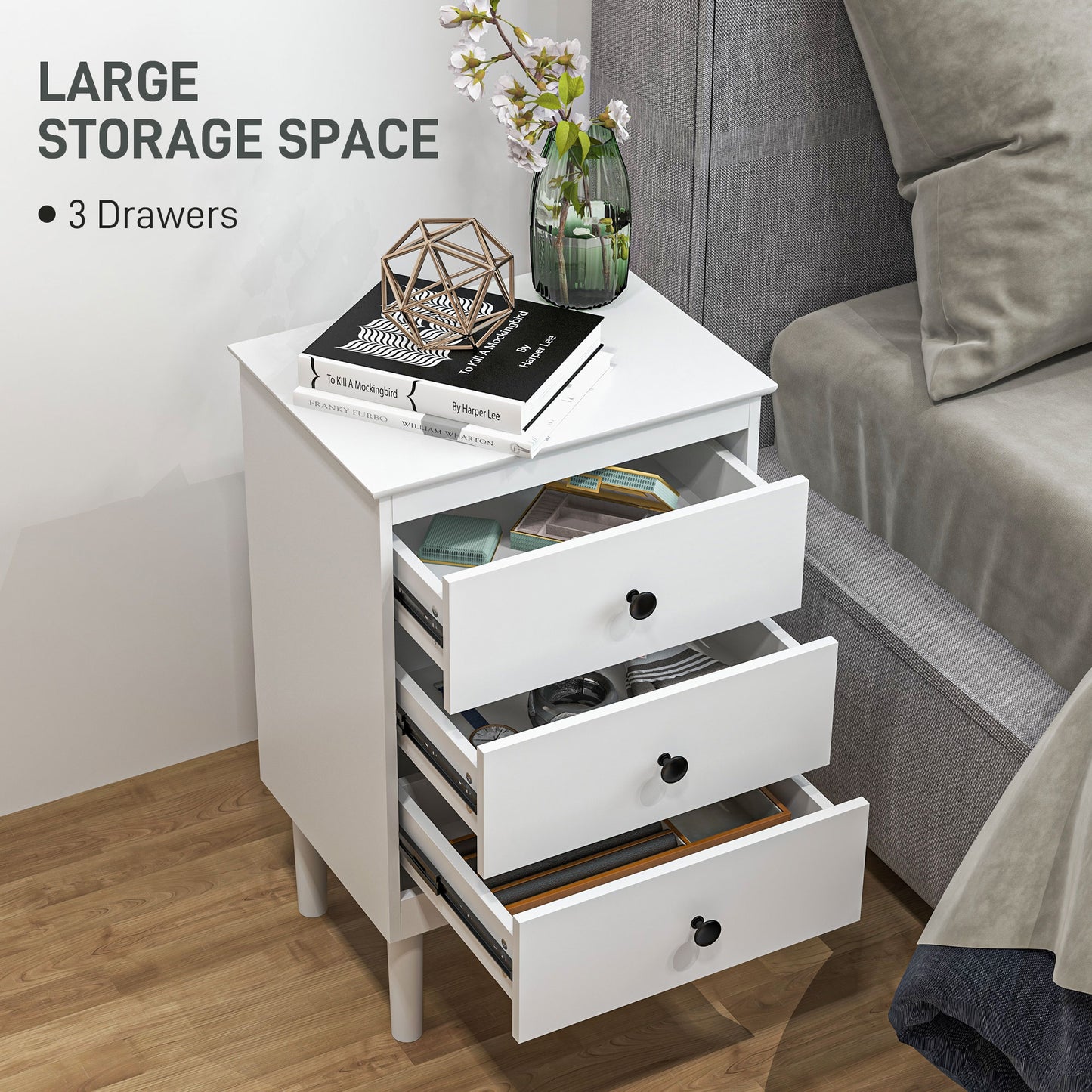 Bedside Table Set of 2, Modern Sofa Side Table with 3 Drawers, Nightstand for Bedroom, 40x30x64cm, White