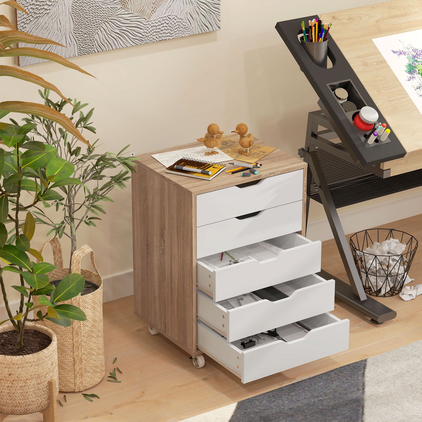 5 Drawer Mobile Filing Cabinet on Wheels | Brakes | 47.5x39.5x67.5cm | Groove Handles | Flat Top | Anti-Tip Strap | 25kg | Oak Brown