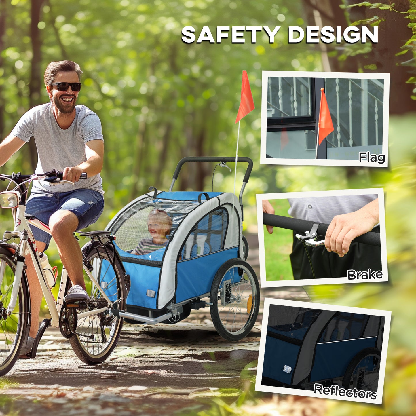 2 Seat Bike Trailer with 5 Point Harness, Baby Bike Stroller with Safety Flag, Reflectors, for 18+ Months