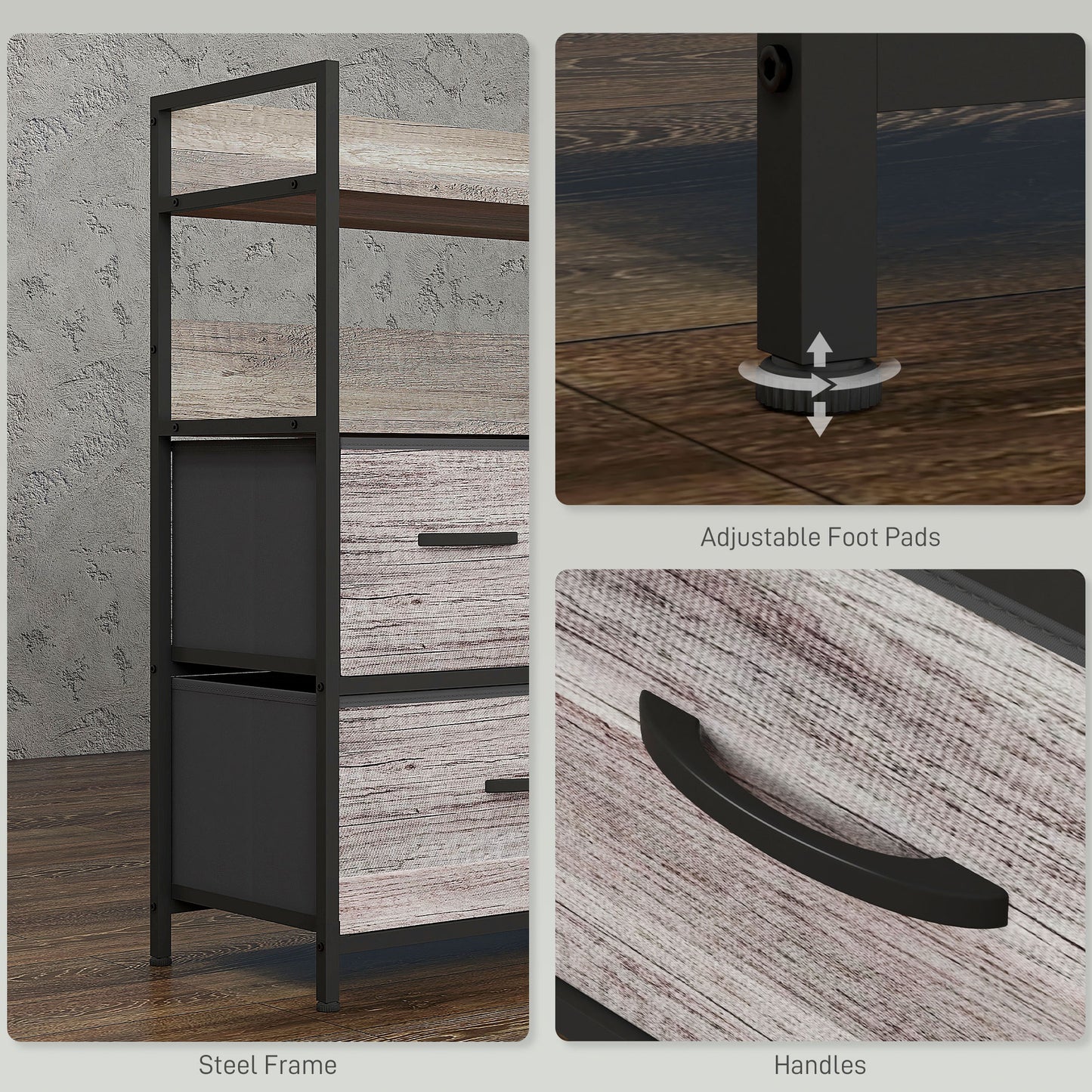 Retro Style Rustic Chest of Five Fabric Drawers - Grey Wood Effect