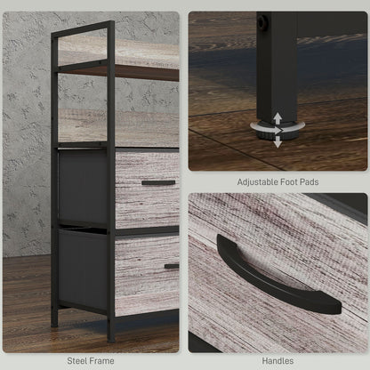 Retro Style Rustic Chest of Five Fabric Drawers - Grey Wood Effect