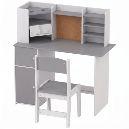 Kids Desk and Chair Set | Adjustable Tablet Stand | Cork Board | Pen Holder | 3-Tier Bookshelf | Upper Cubbies & Cabinets | E1 MDF | Rounded Corners | Anti-Tip | 90x39x95cm Table | Ages 3–12 | Grey & Pink