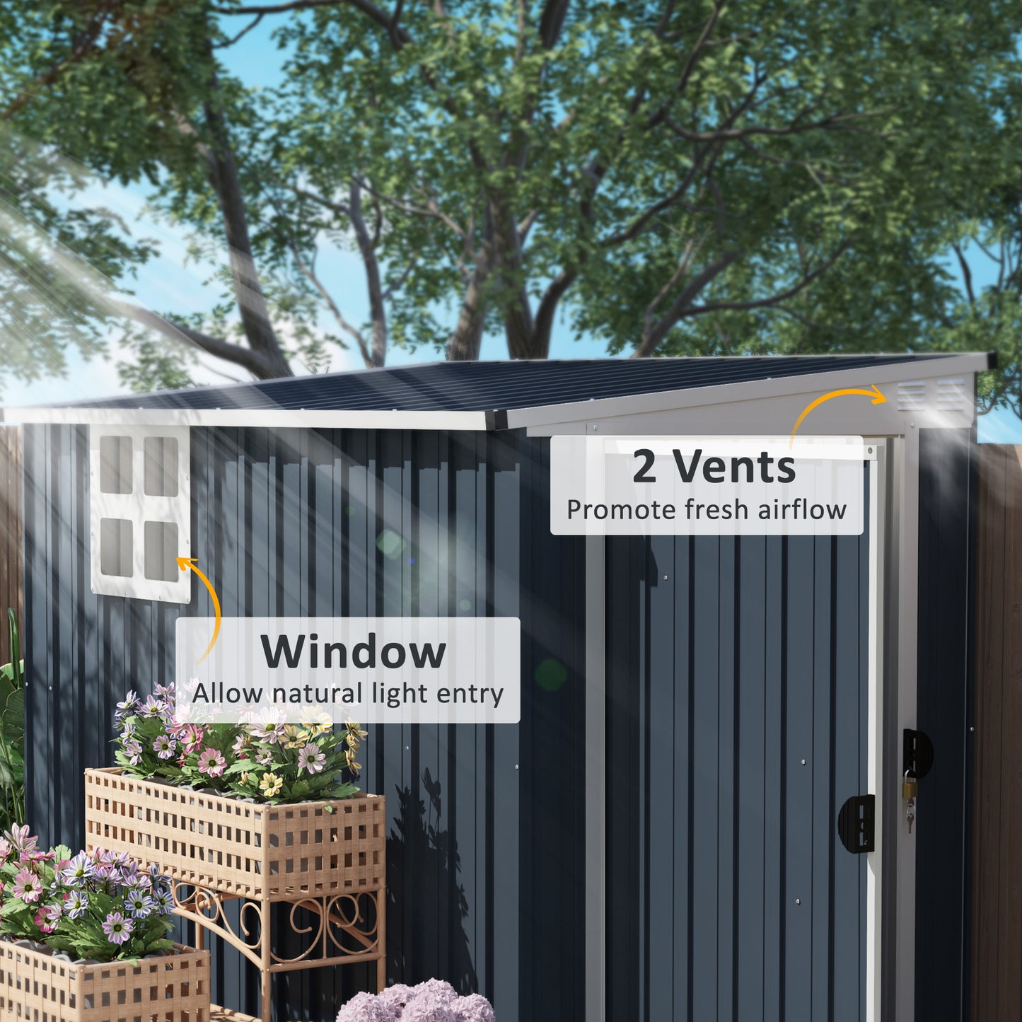 Outsunny 7.6 x 4ft Garden Metal Shed, Outdoor Storage Shed with Window, 2 Vents and Lockable Door for Garden, Patio, Dark Grey