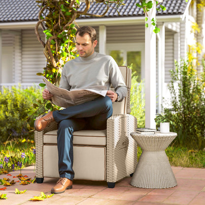 Rattan Garden Recliner Chair, Adjustable Backrest Reclining with Flip Table, Cushion and Footrest, Indoor Outdoor Lounge Reclining Sun Lounger for Patio