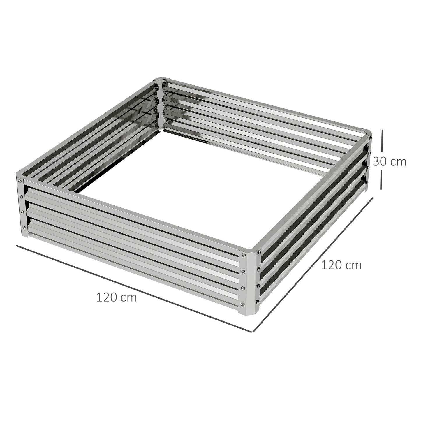 Square Galvanised Steel Raised Garden Bed | Open Bottom | 30cm High Panels | Slot-Together Assembly | Year-Round Outdoor Use | 120x120x30cm | Silver