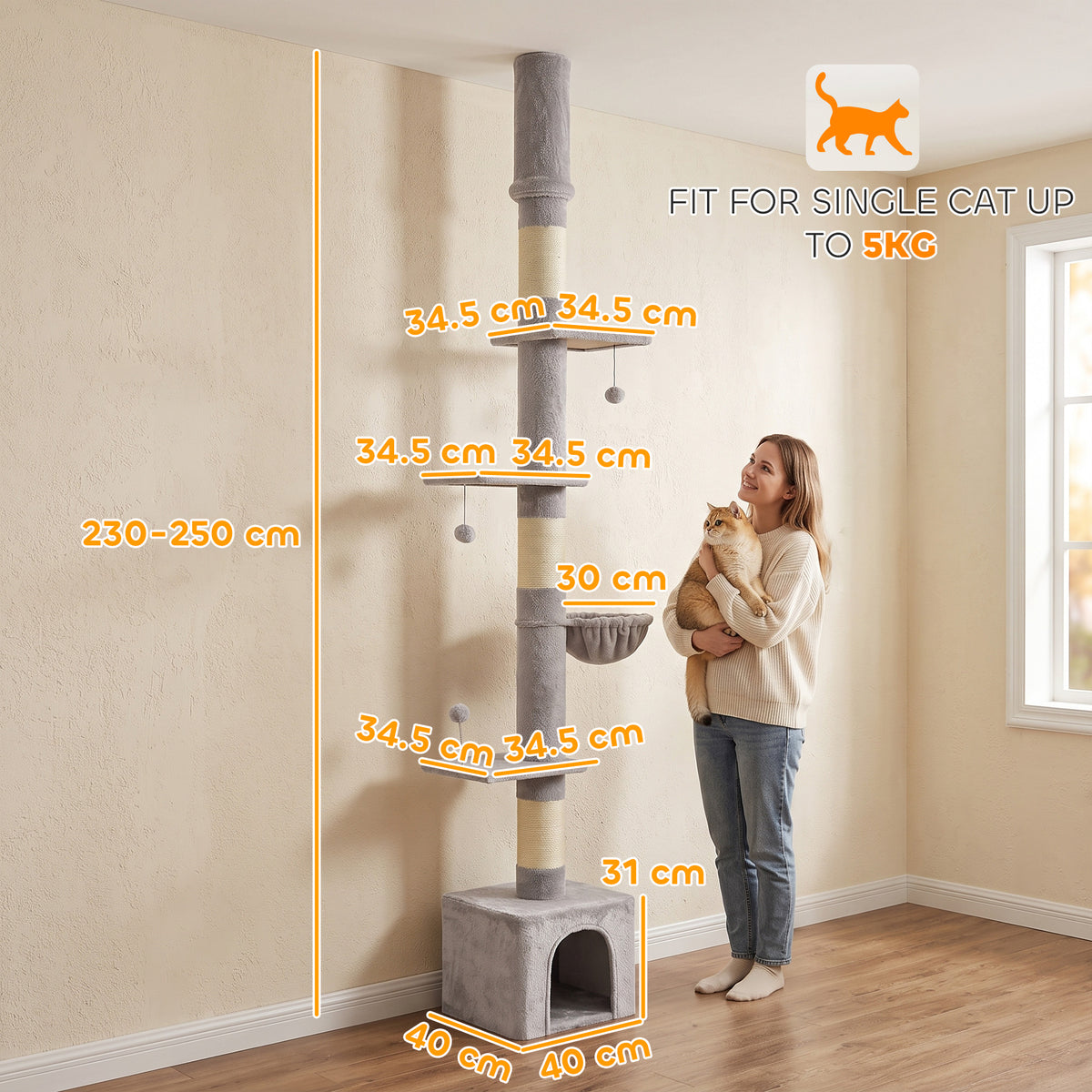 Light Grey Floor-to-Ceiling Cat Tree | Adjustable 230-250 cm Cat Tower with 6 Levels, Scratching Posts, Hammock, Condo & Toy Balls | Up to 5 kg