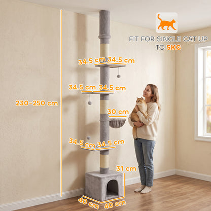 Light Grey Floor-to-Ceiling Cat Tree | Adjustable 230-250 cm Cat Tower with 6 Levels, Scratching Posts, Hammock, Condo & Toy Balls | Up to 5 kg