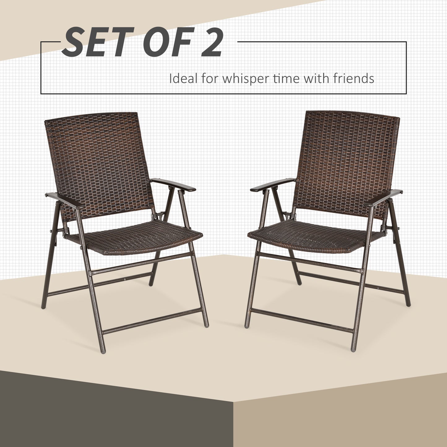 Set of 2 Folding Rattan Garden Chairs | UV & Water Resistant PE Rattan | Steel Frame | Foldable | Floor Pads | 56x63x94cm | 110kg Per Chair | Brown