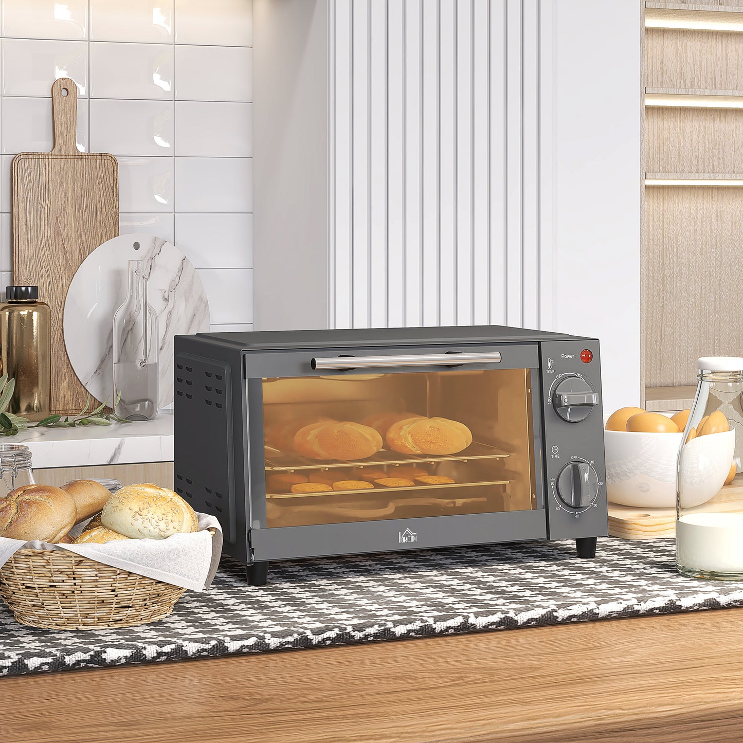 Mini Oven, 9L Countertop Electric Grill, Toaster Oven with Adjustable Temperature, Timer, Baking Tray and Wire Rack, 750W, Grey