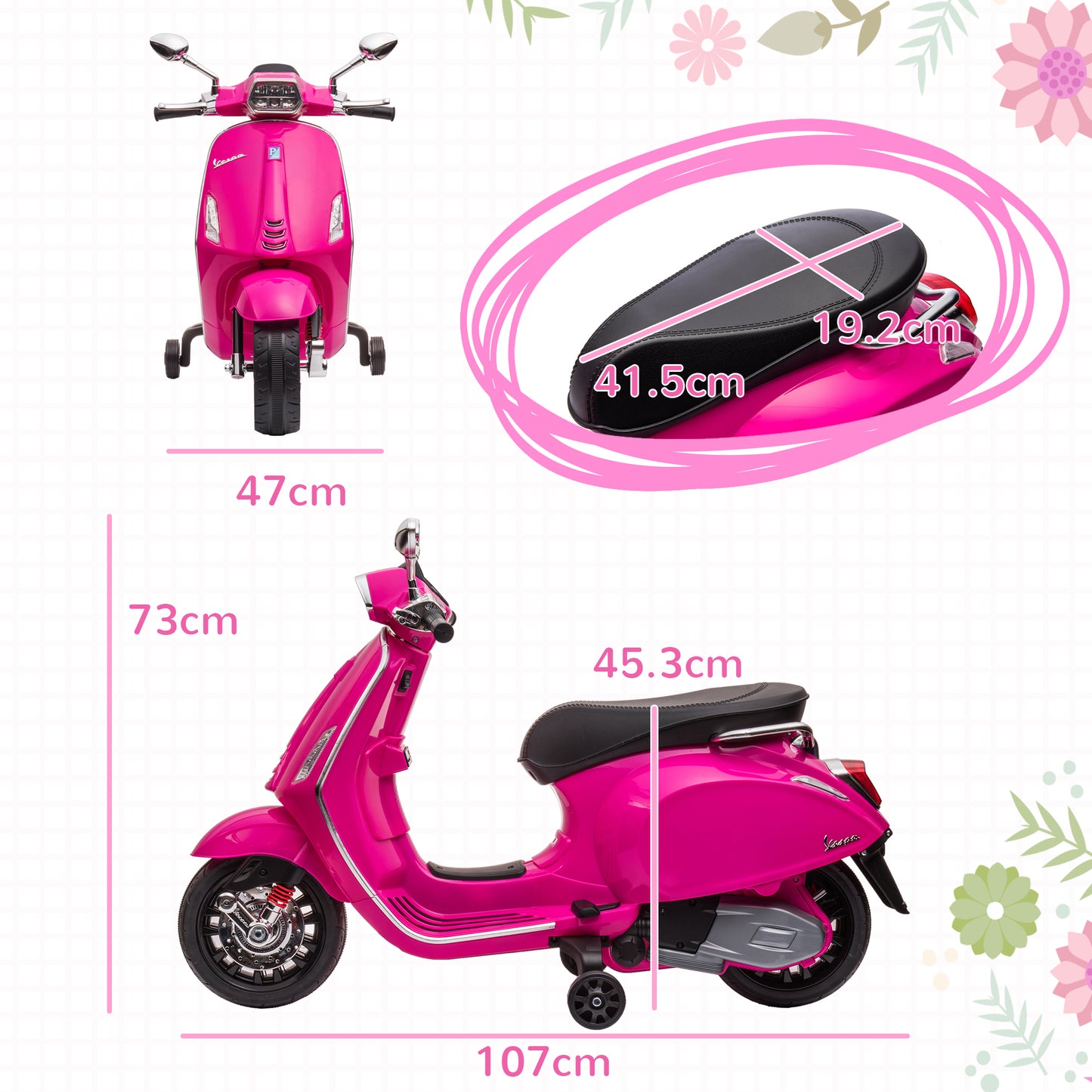 AIYAPLAY 12V Vespa Licensed Kids Electric Motorbike w/ Music, Headlights, FM Radio, for 3-6 Years